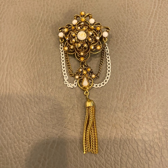 FLORENZA Tassel Brooch Pin Earrings Set Victorian Revival - Picture 2 of 6